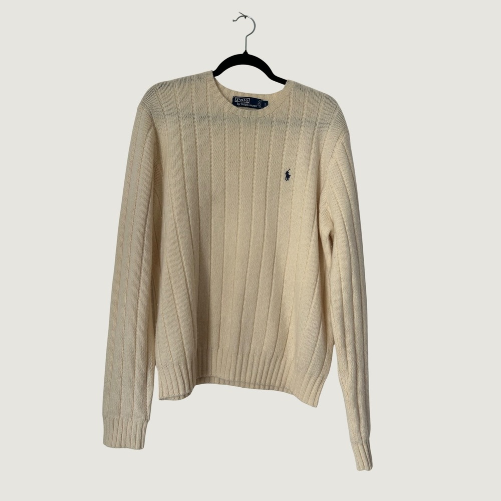 Polo Ralph Lauren Sweater Mens L Cream Ribbed 100% Lambswool Old Money Preppy